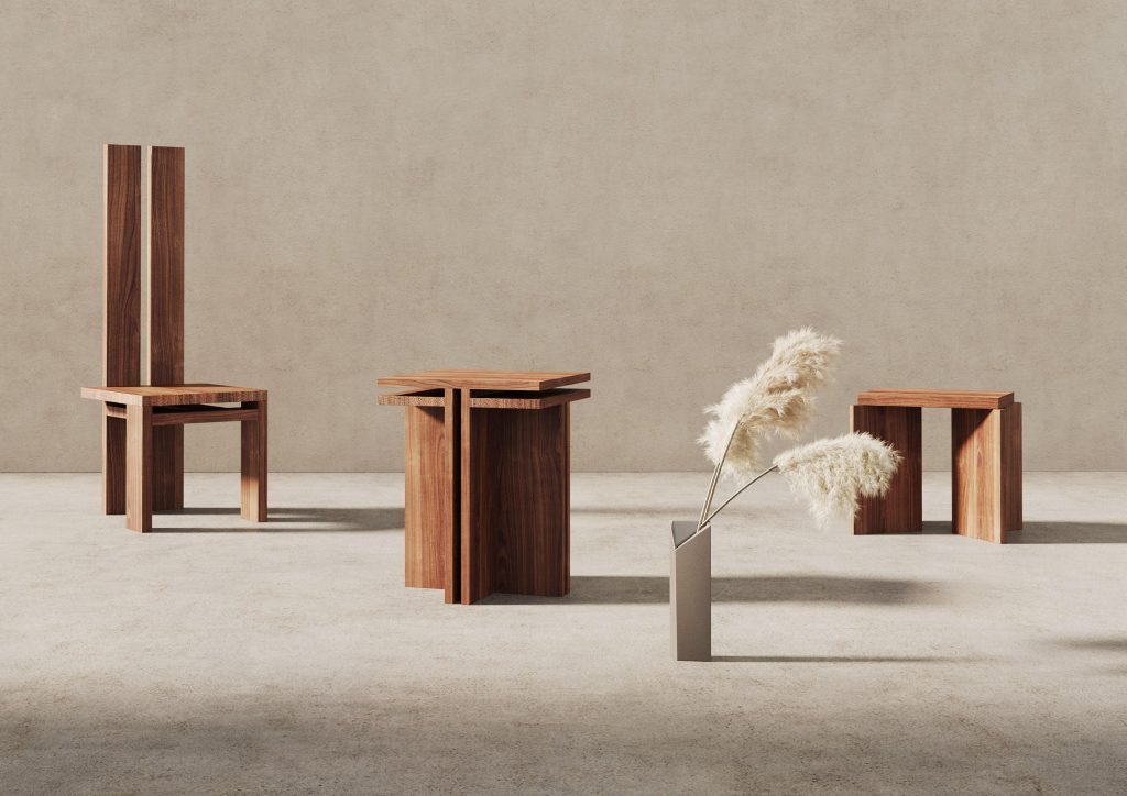 Collection sculpturale de meubles en bois massif français et céramique par studio figures composé d'une chaise, d'un tabouret, d'un guéridon et d'un vase.